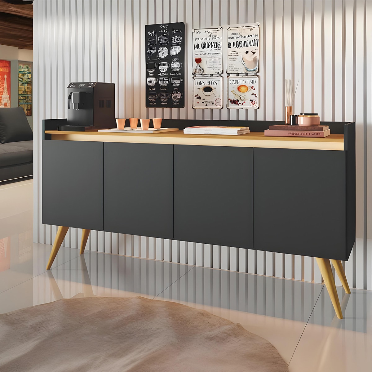 Aparador Buffet Sala Gold 4 Portas com Pés de Madeira Maciça