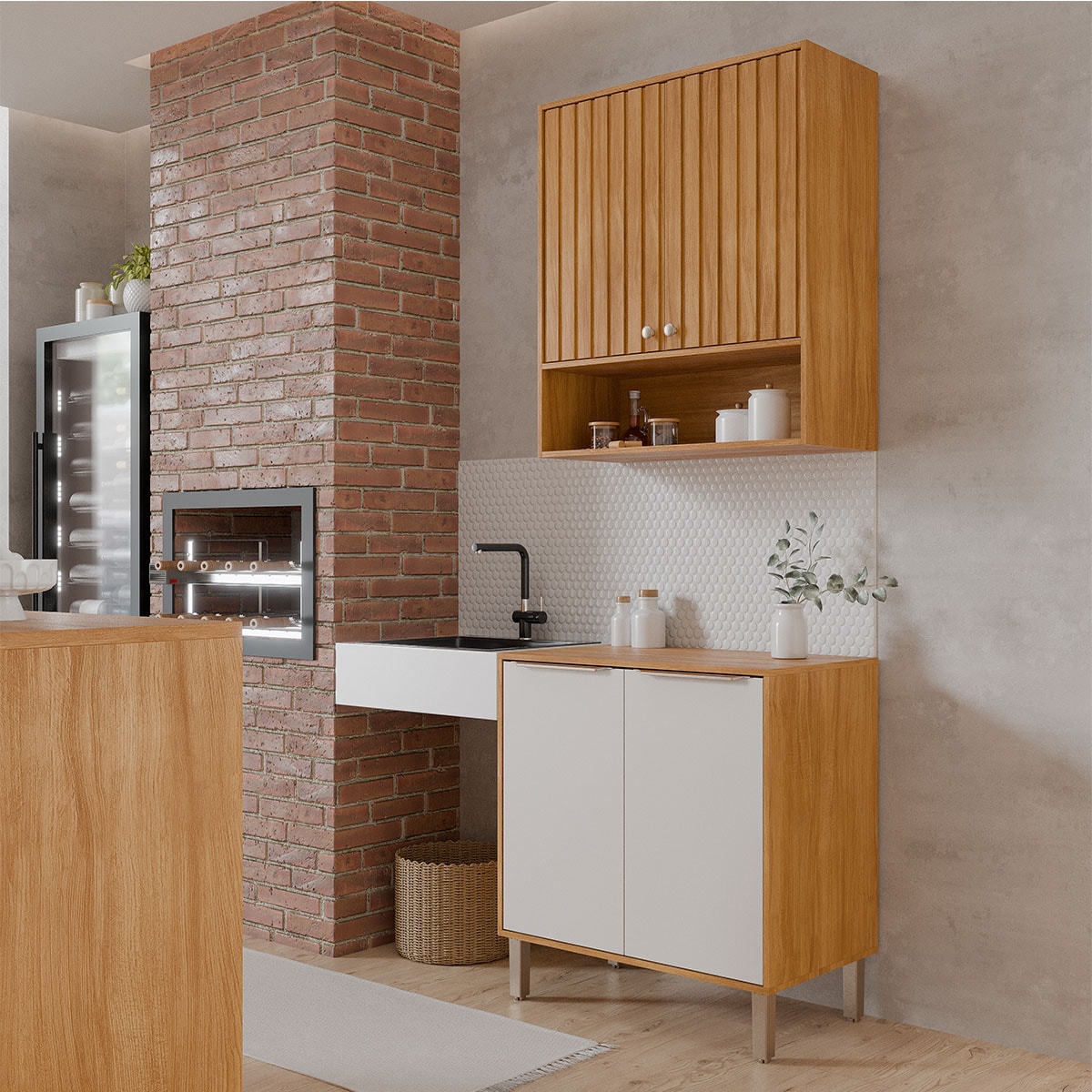 Armário Aéreo com Balcão Divina 80 cm Para Cozinha 4 Portas