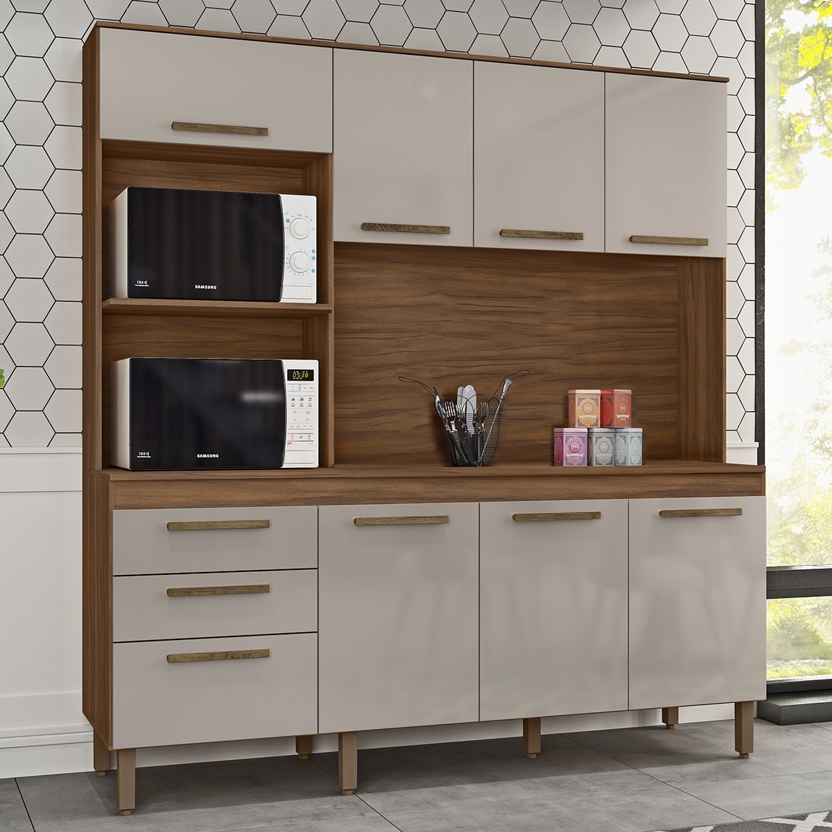 Armario de Cozinha New Jully 184 cm com 8 Portas e 2 Gavetas