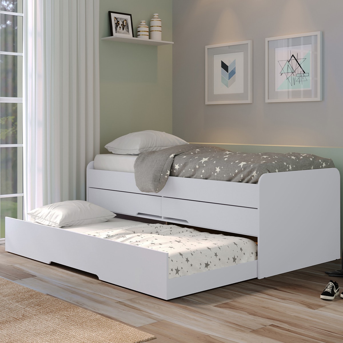 Cama Bicama Quarto Solteiro Juliette com Auxiliar e Gavetas