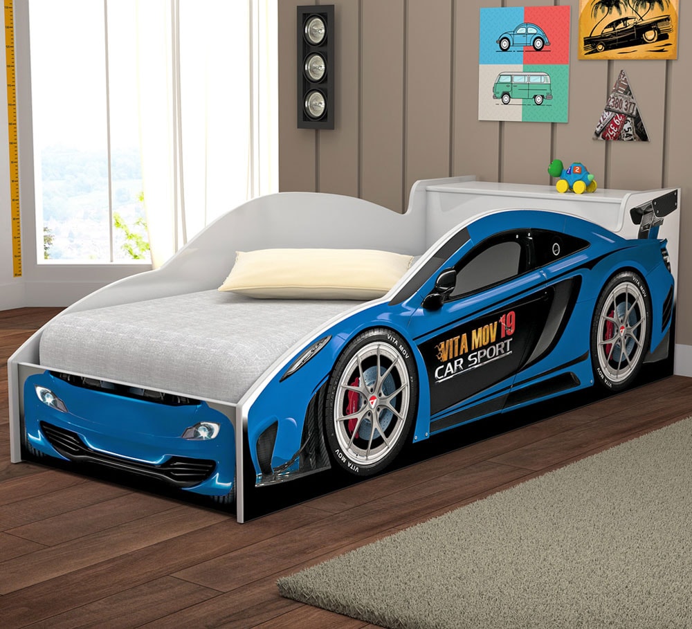 Cama Quarto Carro Infantil Baú C/ Colchao Grade de Proteção