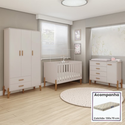 Kit Quarto Iris Berço Cama Com Colchão Comoda e Guarda Roupa